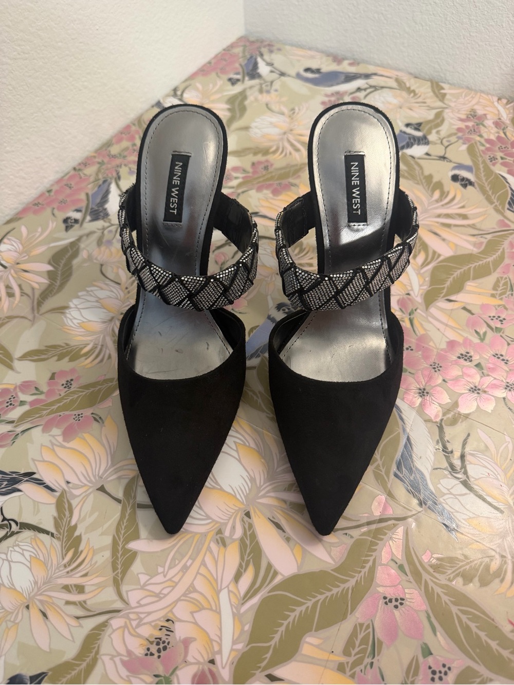Nine West Black Pointed Toe Heels with Embellished Strap